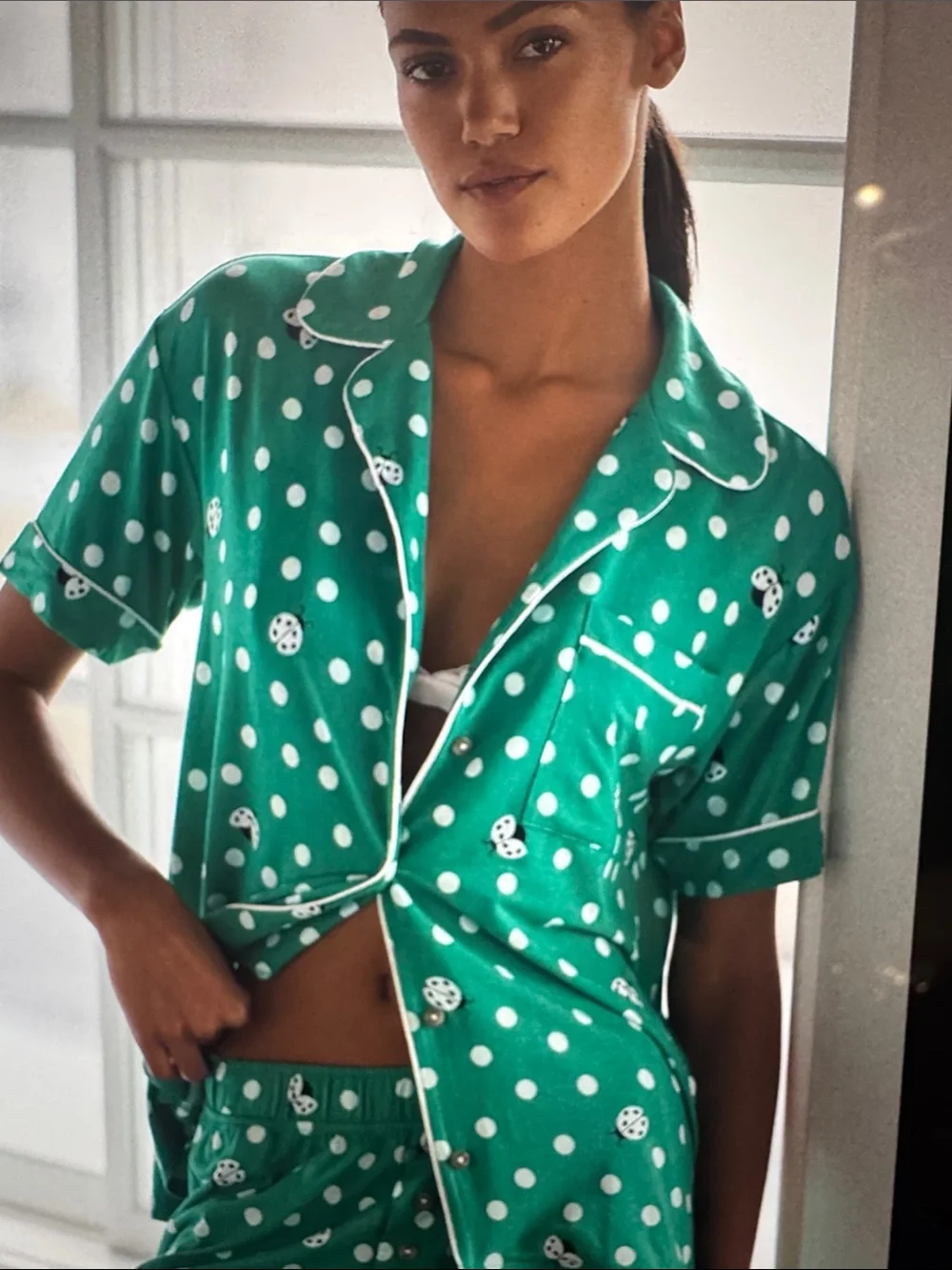 2 Pc Anthropologie Green Polka Dot Short Pajama Set